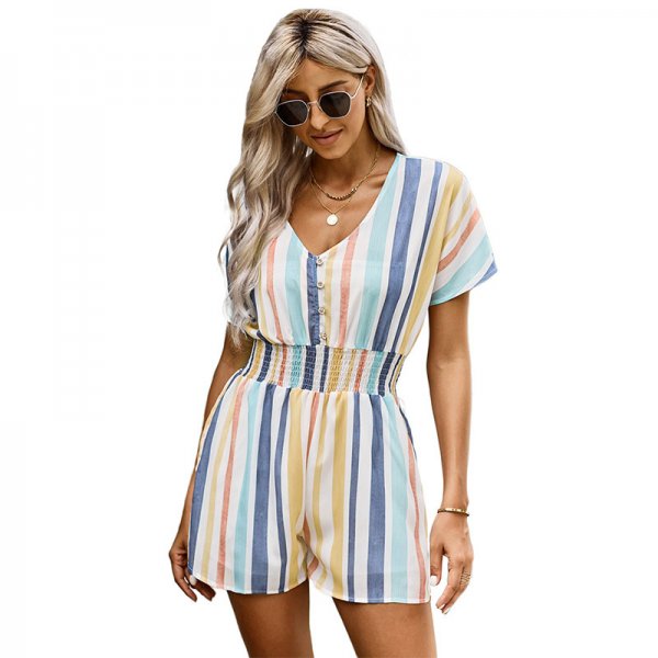 Summer New Striped Loose Short Sleeve Slim Women Jumpsuit