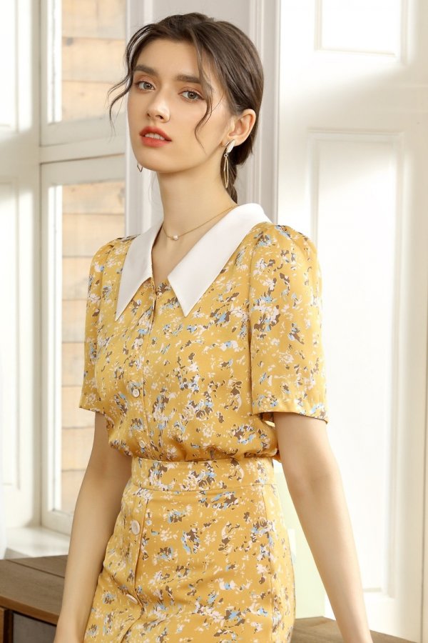 Lapel Slim Printed Chiffon Short Sleeve Shirt Women