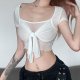 Wooden Ear Edge Perspective Slim Lace-up Gauze Short Sleeve sizehirt Female