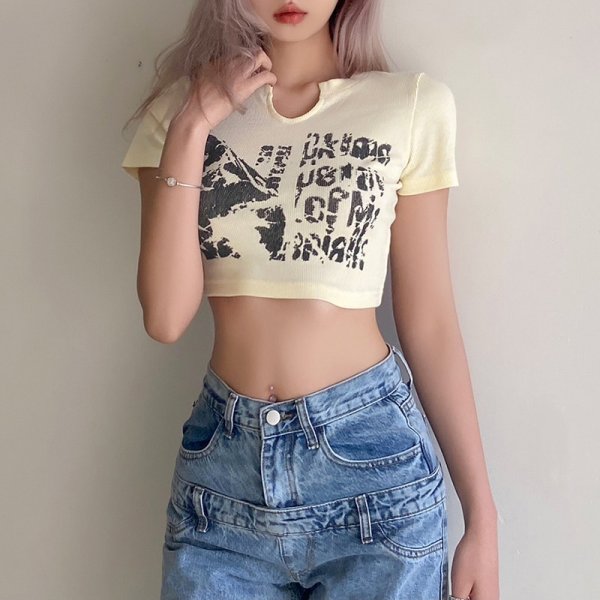 Women's Fashion Print Sexy Slim Navel Short Sleeve sizehirt Women