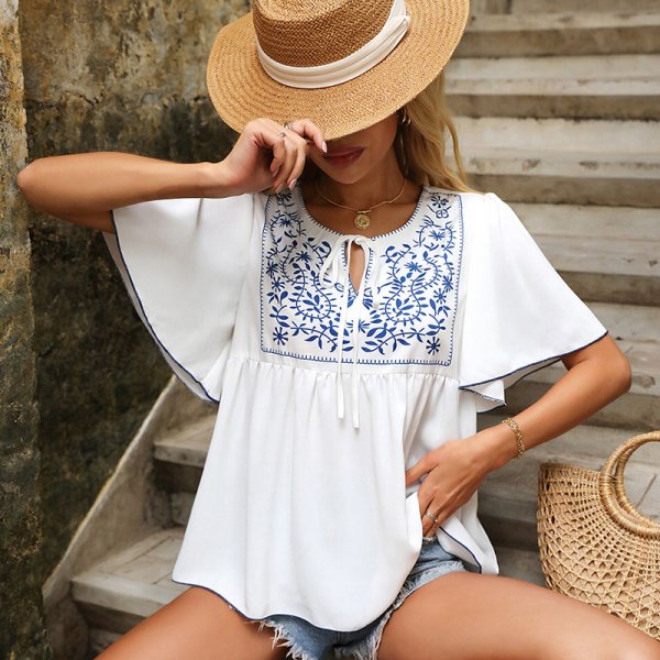 Women's White Printed High Waist Casual Short Sleeve T-shirt