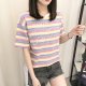 Fashion Rainbow Striped sizehirt Women's Short Sleeve Top Casual Slim Fit