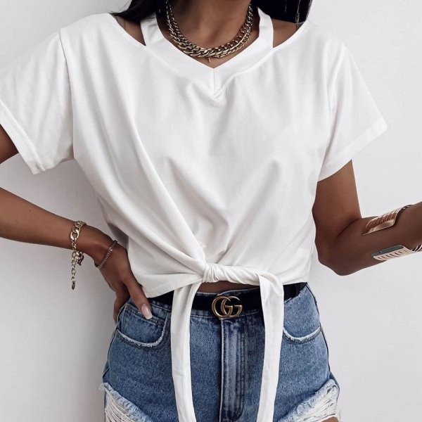 Summer Lace Round Neck Waist Solid Color Short Top Short Sleeve T Shirt Women