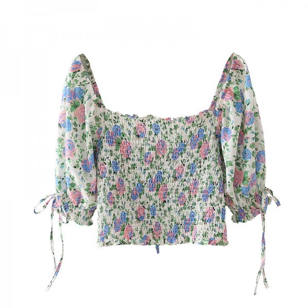 Puff Sleeve Floral Color Top Elastic Slim Short Half Sleeve