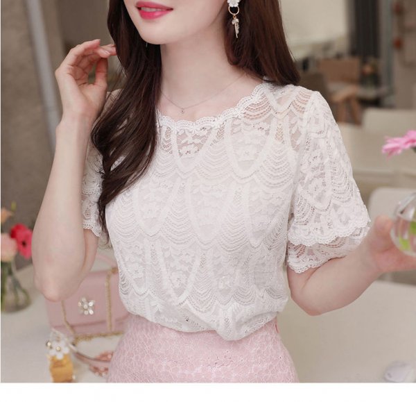 Net Red Fashion Fashion Foreign Style Summer New White Xianqi Top Temperament Hollow Out Chiffon Lace Shirt Short Sleeve