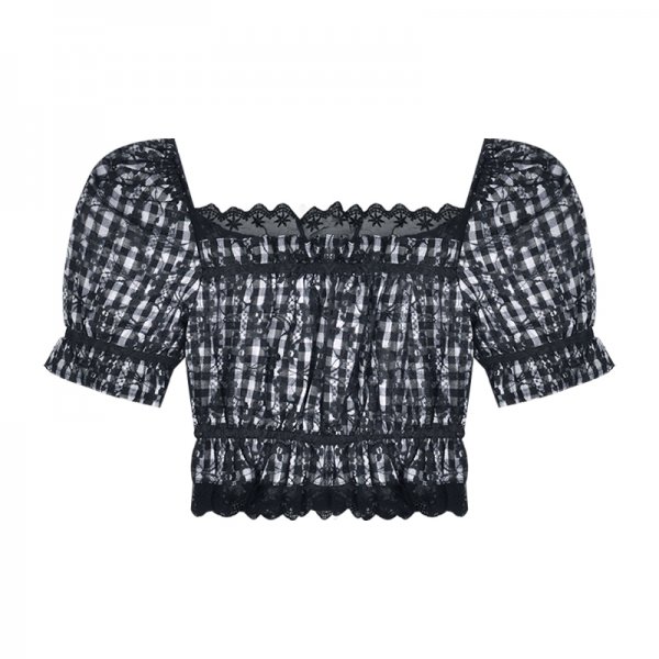 Women''s summer design with one shoulder wood ear Plaid Shirt minority short shirt SEXY LACE SHORT SLEEVE TOP