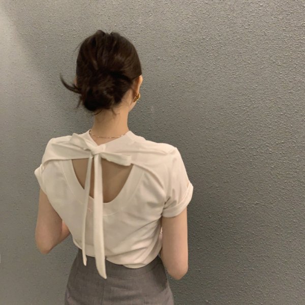 Korean Chic Summer Special-interest Design Backless Lace-up Fashionable Slim Round Neck Short Sleeve